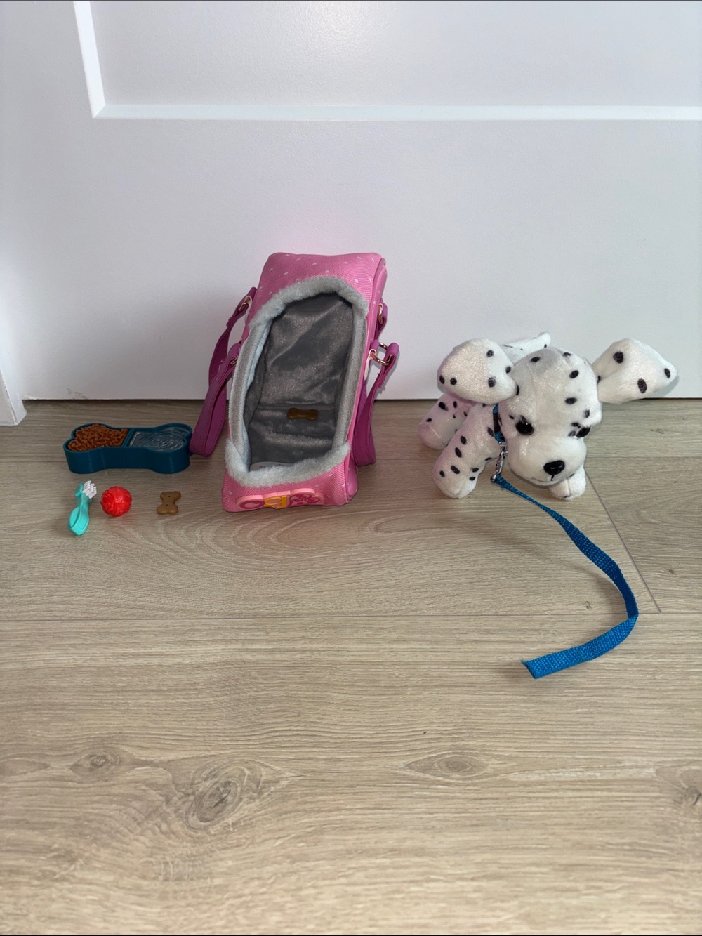 Our generation White Dalmatian Plush Dog with Blue Leash, dog purse, toys
